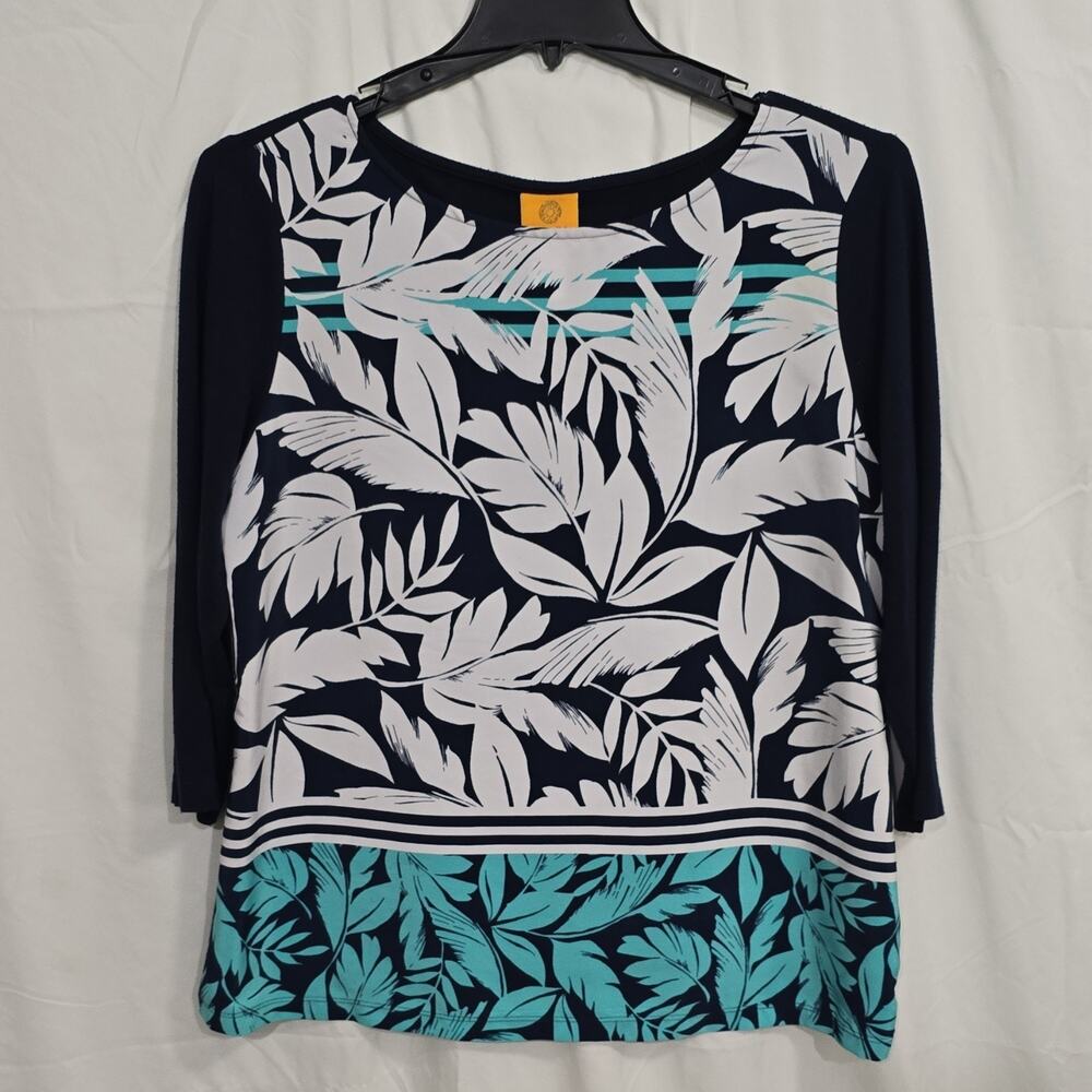 Ruby Rd. Womens L Navy Aqua Leaf Print Tropical 3/4 Sleeve Round Neck Blouse